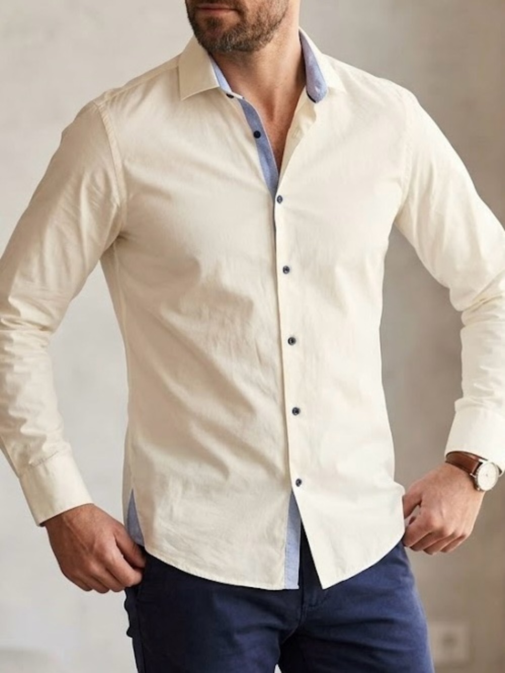 BOSS Hugo Boss Men's White Dress Shirt Contrast Navy Trim Size 42 16.5 L Luxury